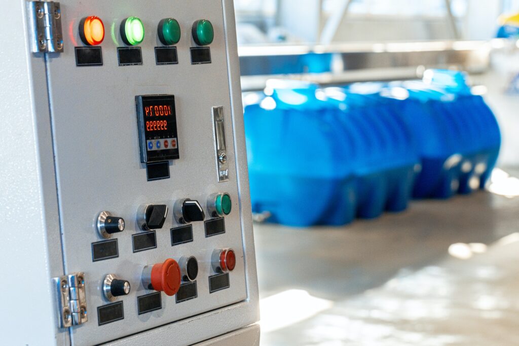 Close up of control panel in industrial production factory